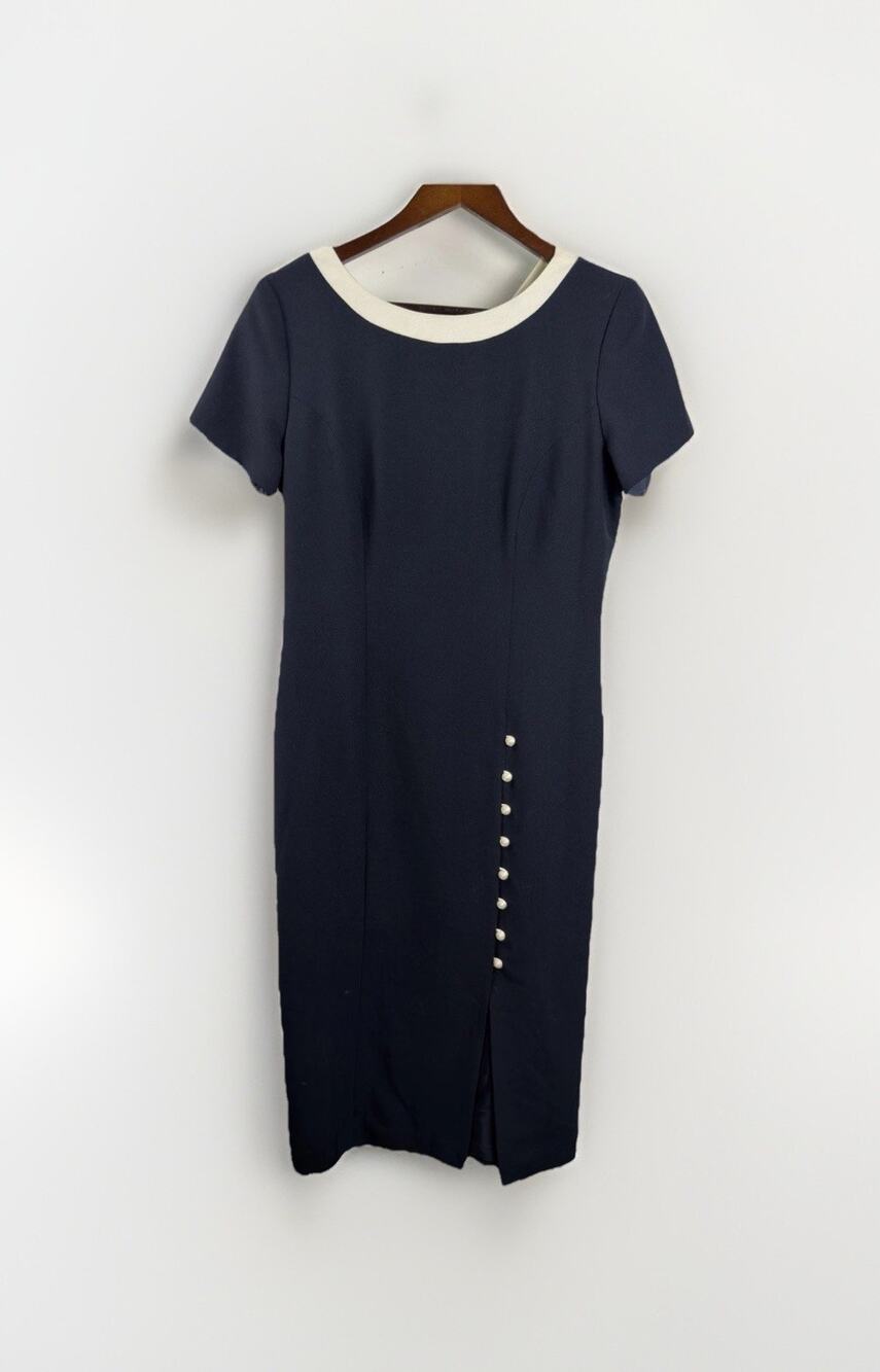 VTG LIZ CLAIBORNE PETITE Navy CREPE Button-Up CRISS CROSS BACK Sheath Dress 12